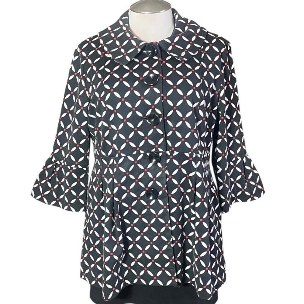 Eden Court Womens XL Black Geometric Print 3/4 Bell Sleeve‎ Button Front Jacket